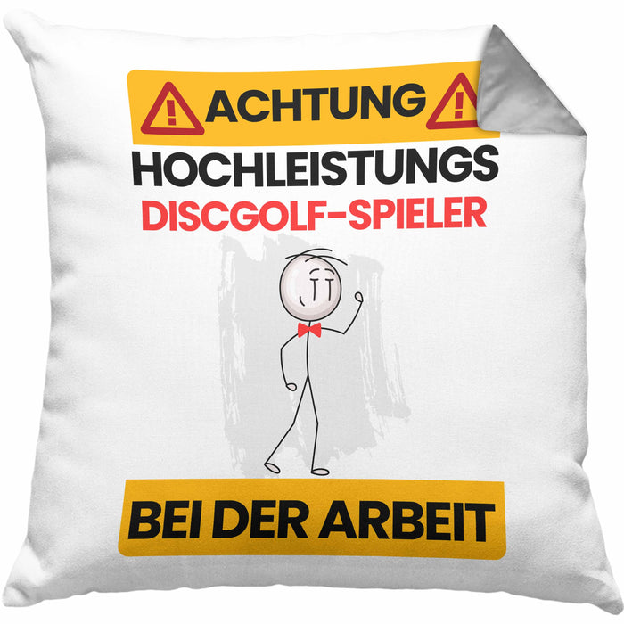 Discgolf-Spieler Kissen mit Füllung 40x40 Geschenk Lustiger Spruch Geschenkidee für Discgolf-Spieler Achtung Hochleistungs Discgolf-Spieler Bei Der Arbeit (Grau) Grau Trendation