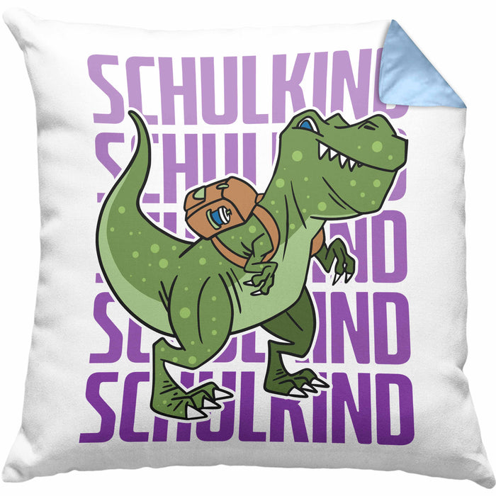 Einschulung Kissen mit Füllung 40x40 Geschenk Jungs Erster Schultag: Lustige T-Rex Dino Kissen mit Füllung 40x40 für Schulkind (Grau) Blau Trendation