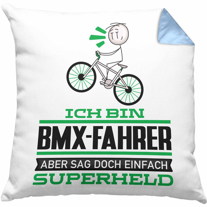 BMX-Fahrer Geschenk Kissen mit Füllung 40x40 Ich Bin BMX-Fahrer Aber Sag Doch Einfach Superheld Lustige Geschenkdiee für BMX-Fahrer (Grau) Blau Trendation