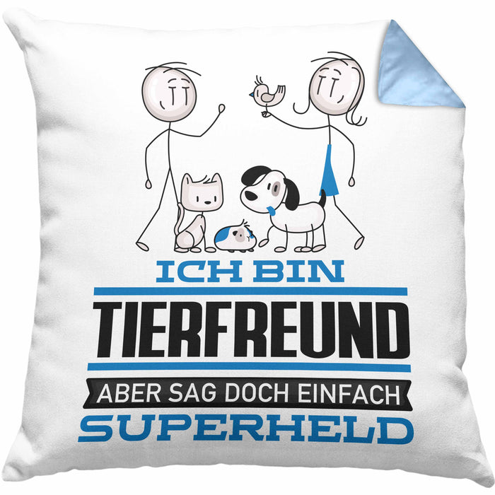 Tierfreund Geschenk Kissen mit Füllung 40x40 Ich Bin Tierfreund Aber Sag Doch Einfach Superheld Lustige Geschenkdiee für Tierfreund (Grau) Blau Trendation