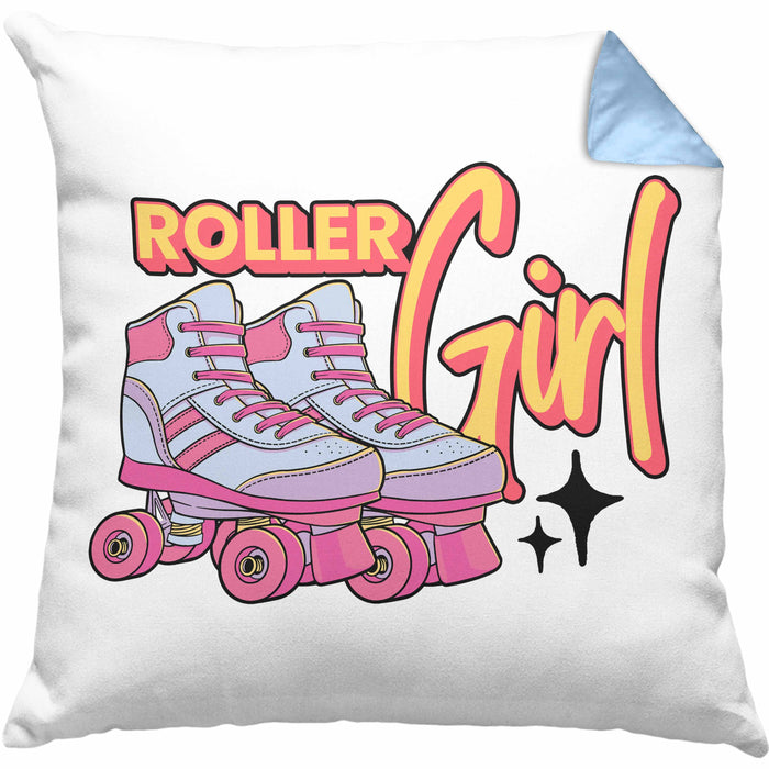 Lustige Rollschuh Kissen mit Füllung 40x40 Geschenk für Roller Girls "Roller Girl" Nostalgie 80er 90er Jahre (Grau) Blau Trendation
