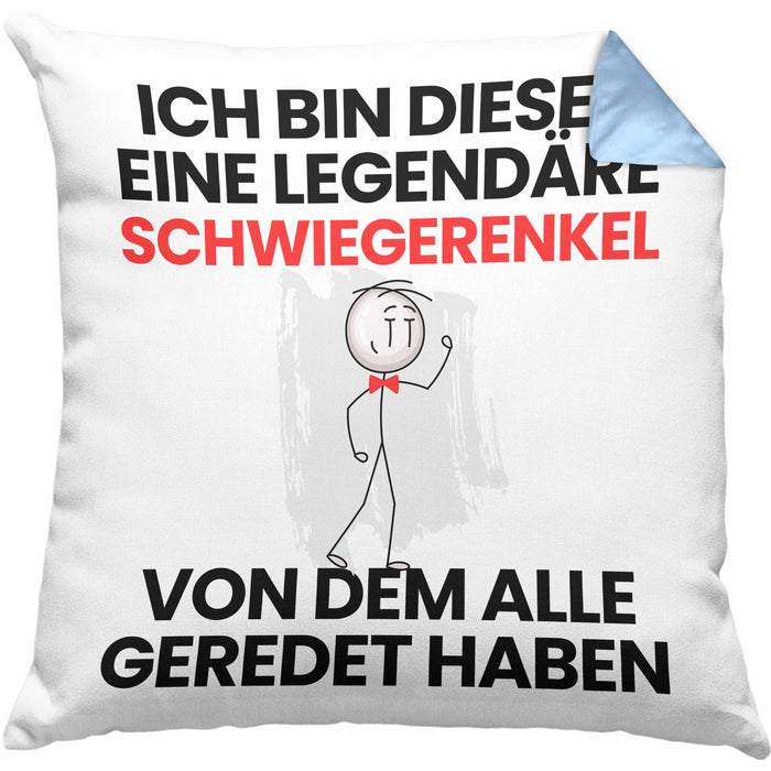 Schwiegerenkel Geschenk Kissen mit Füllung 40x40 Lustige Geschenkidee Geburtstag für Schwiegerenkel Ich Bin Dieser Legendäre Schwiegerenkel Von Dem Alle Geredet Haben (Grau) Blau Trendation