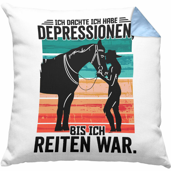 Reiterin Geschenk Kissen mit Füllung 40x40 Spruch Ich Dachte Ich Habe Depressionen Bis Ich Reiten War Geschenkidee (Grau) Blau Trendation