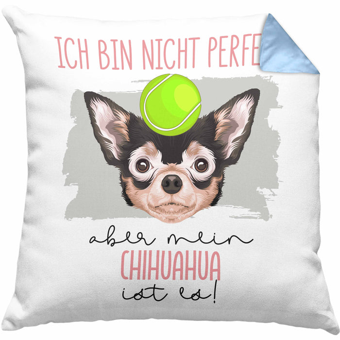 Chihuahua Besitzer Kissen mit Füllung 40x40 Geschenk Lustiger Spruch Geschenkidee Besitzerin Ich Bin Nicht toll Aber Mein Chihuahua Ist Es (Grau) Blau Trendation