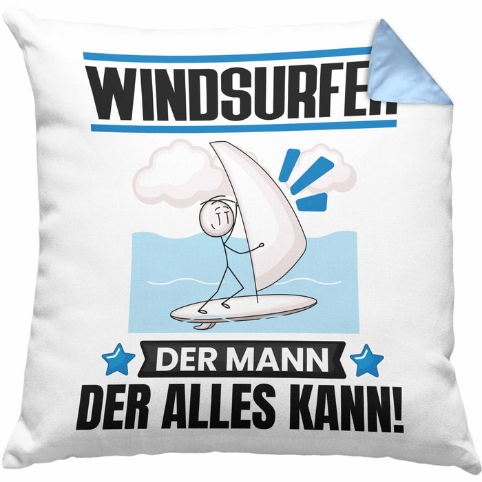 Windsurfer Kissen mit Füllung 40x40 Geschenk für Windsurfer Der Mann Der Alles Kann Geschenkidee zum Geburtstag (Grau) Blau Trendation