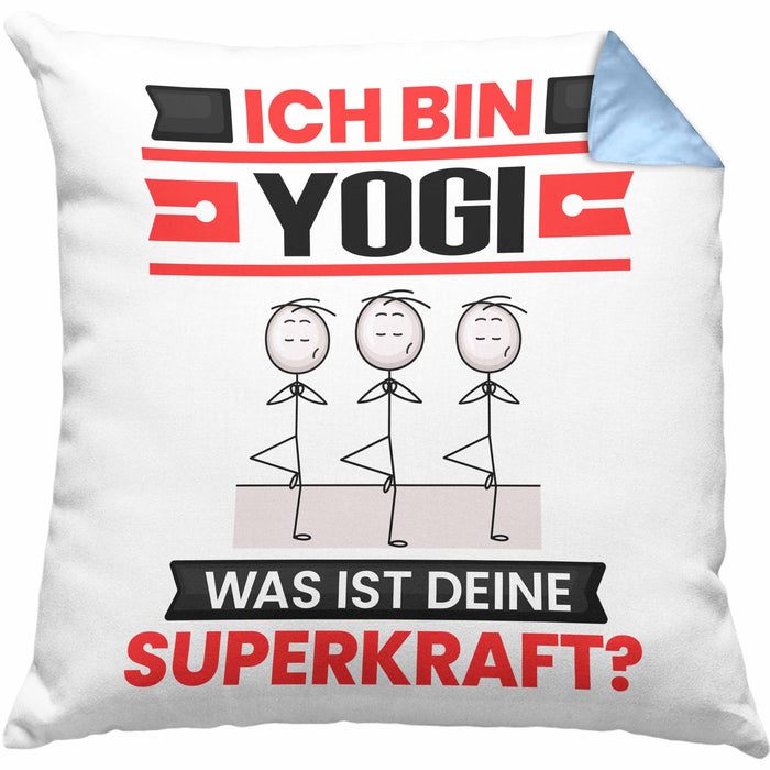 Yogi Kissen mit Füllung 40x40 Geschenk für Yogi Geburtstag Lustiger Spruch Was Ist Deine Superkraft (Grau) Blau Trendation