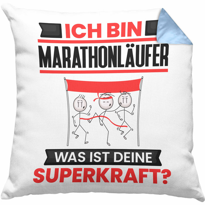 Marathonläufer Kissen mit Füllung 40x40 Geschenk für Marathonläufer Geburtstag Lustiger Spruch Was Ist Deine Superkraft (Grau) Blau Trendation