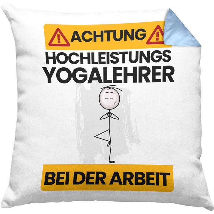 Yogalehrer Kissen mit Füllung 40x40 Geschenk Lustiger Spruch Geschenkidee für Yogalehrer Achtung Hochleistungs Yogalehrer Bei Der Arbeit (Grau) Blau Trendation