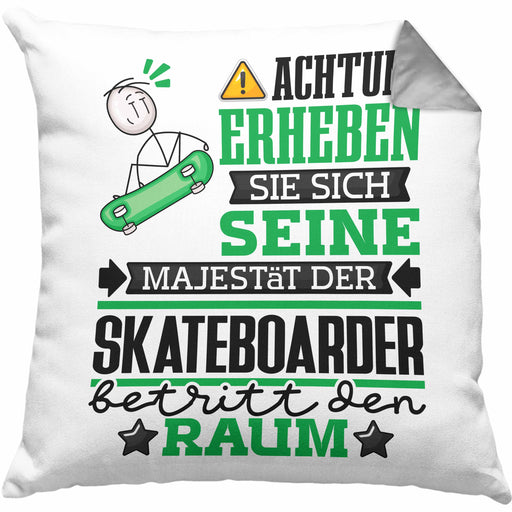 Skateboarder Geschenk Kissen mit Füllung 40x40 Lustiger Spruch Erheben Sie Sich Der Skateboarder Betritt den Raum (Grau) Grau Trendation