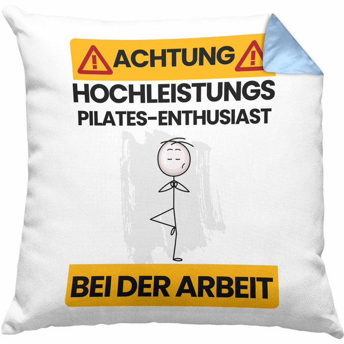 Pilates-Enthusiast Kissen mit Füllung 40x40 Geschenk Lustiger Spruch Geschenkidee für Pilates-Enthusiast Achtung Hochleistungs Pilates-Enthusiast Bei Der Arbeit (Grau) Blau Trendation