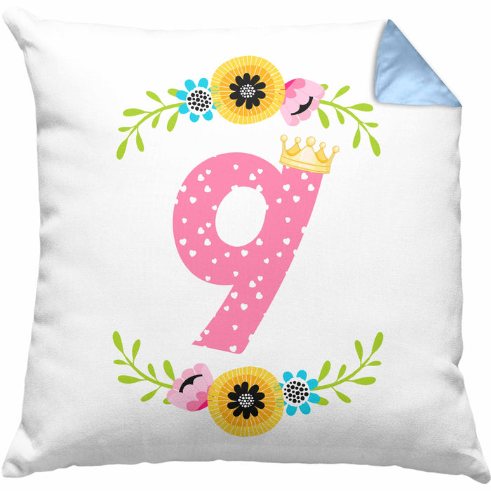 9. Geburtstag Mädchen Kissen mit Füllung 40x40 Geschenk zum Neunten Geburtsagsparty Grafik Krone 9 Jahre Alt (Grau) Blau Trendation