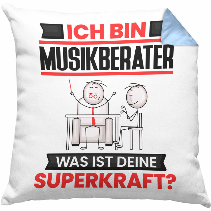 Musikberater Kissen mit Füllung 40x40 Geschenk für Musikberater Geburtstag Lustiger Spruch Was Ist Deine Superkraft (Grau) Blau Trendation