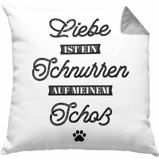 Katze Kissen mit Füllung 40x40 Geschenk Spruch Geschenkidee für Katzen-Mama Papa Katzenliebhaber Liebe Ist Ein Schnurren Auf Meinem Schoß (Grau) Grau Trendation