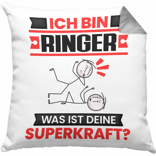 Ringer Kissen mit Füllung 40x40 Geschenk für Ringer Geburtstag Lustiger Spruch Was Ist Deine Superkraft (Grau) Grau Trendation