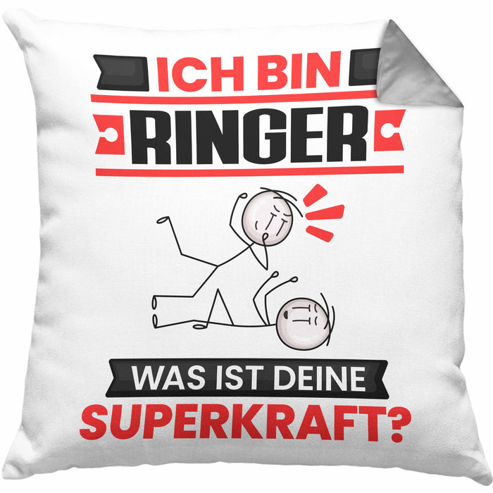 Ringer Kissen mit Füllung 40x40 Geschenk für Ringer Geburtstag Lustiger Spruch Was Ist Deine Superkraft (Grau) Grau Trendation