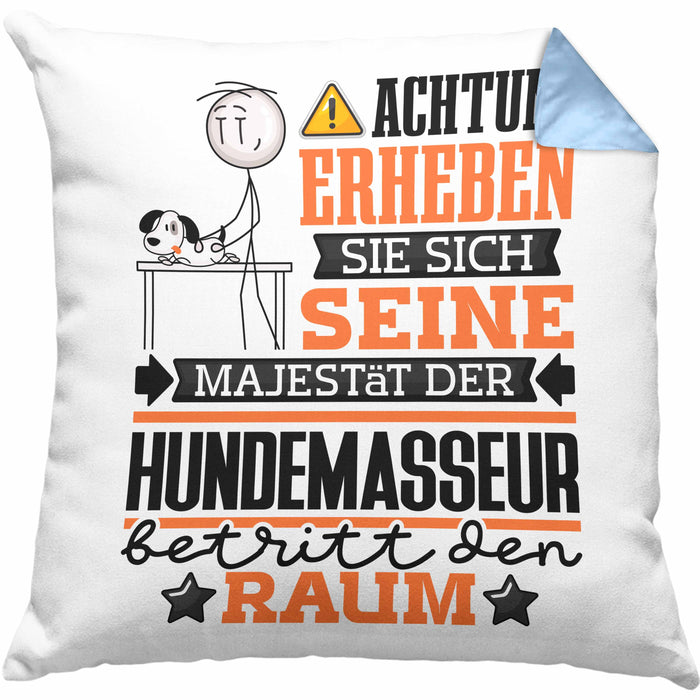 Hundemasseur Geschenk Kissen mit Füllung 40x40 Lustiger Spruch Erheben Sie Sich Der Hundemasseur Betritt den Raum (Grau) Blau Trendation