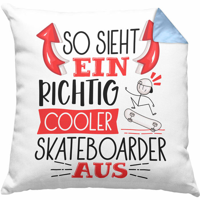 Skateboarder Kissen mit Füllung 40x40 Geschenk So Sieht Ein Richtig Cooler Skateboarder Aus Geschenkidee Spruch Lustig (Grau) Blau Trendation