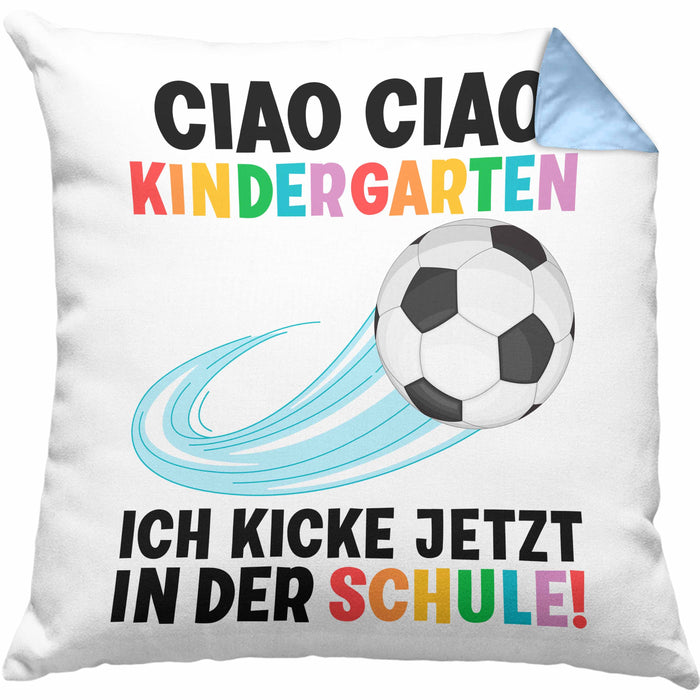 Einschulung Junge Fußball Schulkind Geschenk für Schultüte Füllung Kissen mit Füllung 40x40 Schulstart 1. Schultag Schuleinführung Schulanfang Geschenkidee 2024 (Grau) Blau Trendation