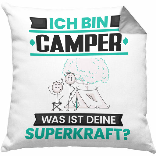 Camper Kissen mit Füllung 40x40 Geschenk für Camper Geburtstag Lustiger Spruch Was Ist Deine Superkraft (Grau) Grau Trendation