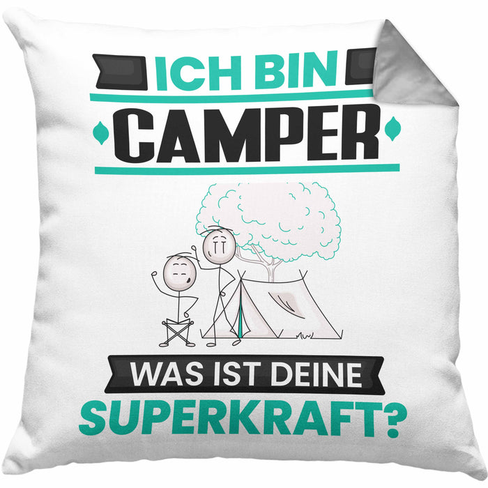 Camper Kissen mit Füllung 40x40 Geschenk für Camper Geburtstag Lustiger Spruch Was Ist Deine Superkraft (Grau) Grau Trendation