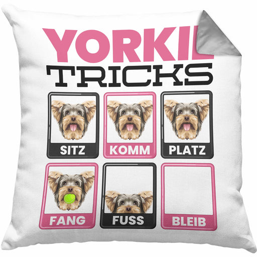 Yorkie Besitzer Kissen mit Füllung 40x40 Geschenk Lustiger Spruch Geschenkidee Yorkie Tricks Bleib (Grau) Grau Trendation