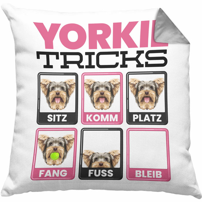 Yorkie Besitzer Kissen mit Füllung 40x40 Geschenk Lustiger Spruch Geschenkidee Yorkie Tricks Bleib (Grau) Grau Trendation