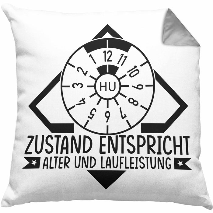 KFZ Mechaniker Kissen mit Füllung 40x40 Geschenk Spruch Männer KFZ Mechatroniker Geschenkidee Werkstatt Zustand Entispricht Alter Und Laufleistung (Grau) Grau Trendation