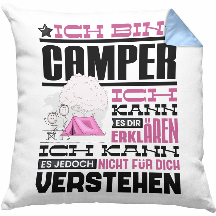 Camper Geschenk Kaffee-Kissen mit Füllung 40x40 Geschenkidee für Camper Ich Bin Camper Ich Kann Es Dir Erklären Jedoch Nicht Für Dich Verstehen Spruch Lustig (Grau) Blau Trendation