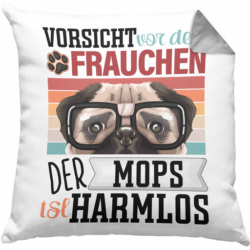 Mops Besitzerin Frauchen Kissen mit Füllung 40x40 Geschenk Lustiger Spruch Geschenkidee Vorsicht Vor Dem Frauchen (Grau) Grau Trendation