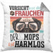 Mops Besitzerin Frauchen Kissen mit Füllung 40x40 Geschenk Lustiger Spruch Geschenkidee Vorsicht Vor Dem Frauchen (Grau) Grau Trendation