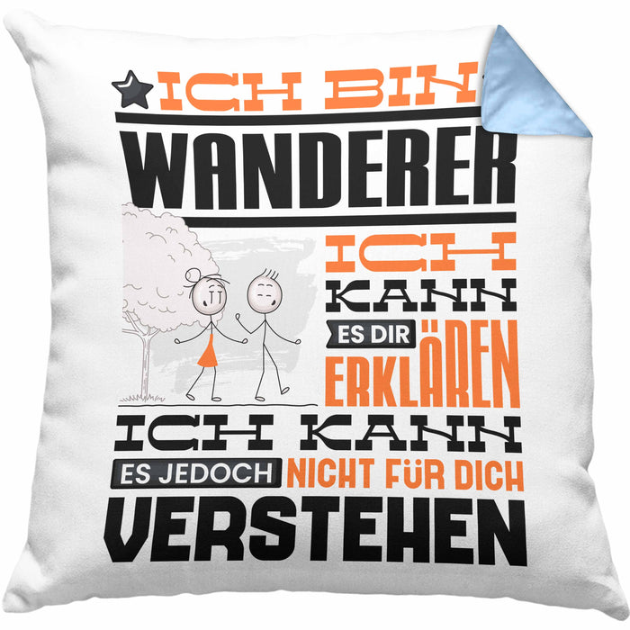 Wandern Geschenk Kaffee-Kissen mit Füllung 40x40 Geschenkidee für Wandern Ich Bin Wandern Ich Kann Es Dir Erklären Jedoch Nicht Für Dich Verstehen Spruch Lustig (Grau) Blau Trendation