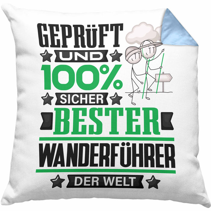 Wanderführer Geschenk Lustiger Spruch für Wanderführer Geschenkidee Bester Wanderführer Der WeltKissen mit Füllung 40x40 (Grau) Blau Trendation