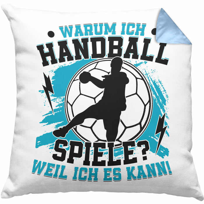 Handball Geschenk Kissen mit Füllung 40x40 Geschenkidee Handball-Spieler Handballspielerin Mädchen Jungs Warum Ich Handball Spiele? (Grau) Blau Trendation