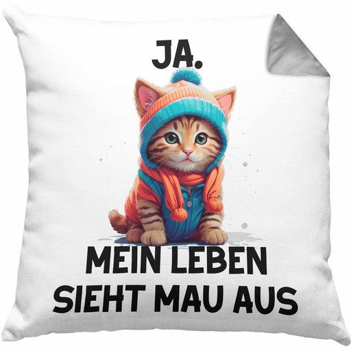 Dank Meme Kissen mit Füllung 40x40 Katzen Besitzer Wortspiel Ja Mein Leben Sieht Mau Aus Traurige Katze Geschenkidee Süße Katze (Grau) Grau Trendation