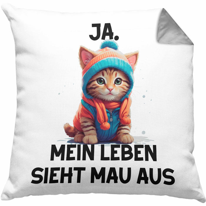 Dank Meme Kissen mit Füllung 40x40 Katzen Besitzer Wortspiel Ja Mein Leben Sieht Mau Aus Traurige Katze Geschenkidee Süße Katze (Grau) Grau Trendation
