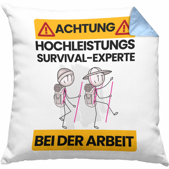 Survival-Experte Kissen mit Füllung 40x40 Geschenk Lustiger Spruch Geschenkidee für Survival-Experte Achtung Hochleistungs Survival-Experte Bei Der Arbeit (Grau) Blau Trendation
