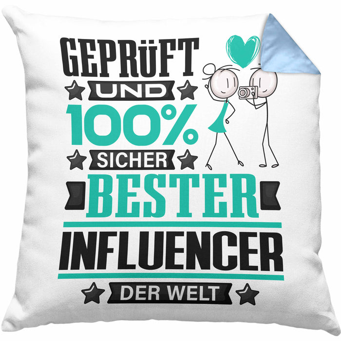 Influencer Geschenk Lustiger Spruch für Influencer Geschenkidee Bester Influencer Der WeltKissen mit Füllung 40x40 (Grau) Blau Trendation
