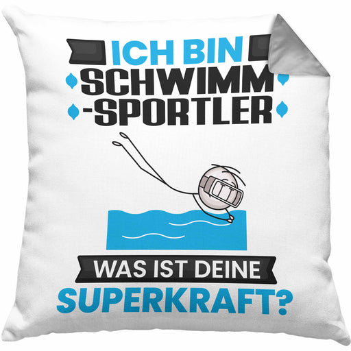 Schwimmsportler Kissen mit Füllung 40x40 Geschenk für Schwimmsportler Geburtstag Lustiger Spruch Was Ist Deine Superkraft (Grau) Grau Trendation