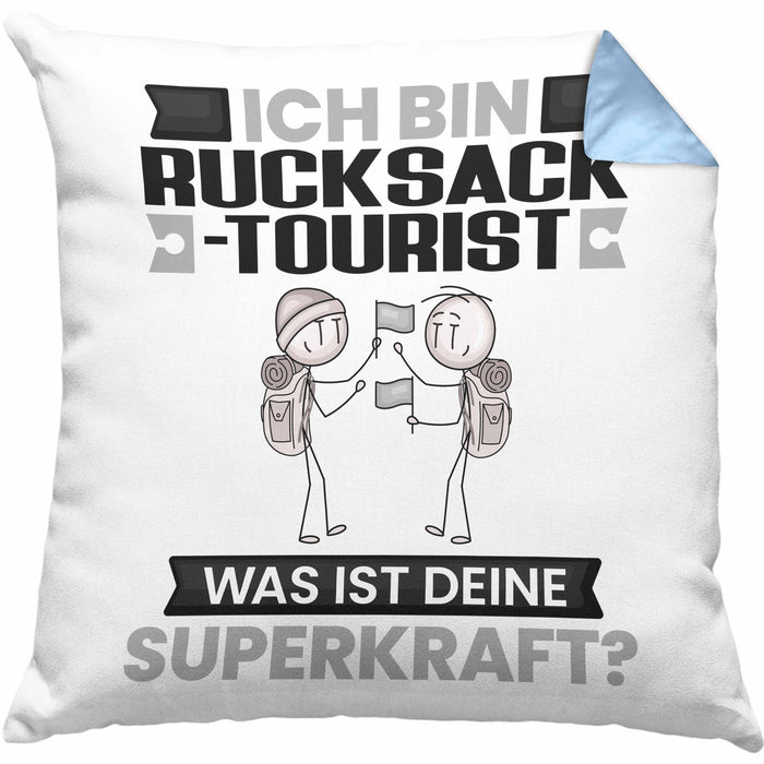 Rucksacktourist Kissen mit Füllung 40x40 Geschenk für Rucksacktourist Geburtstag Lustiger Spruch Was Ist Deine Superkraft (Grau) Blau Trendation