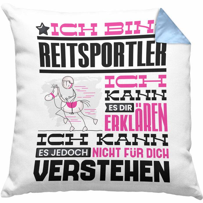 Reitsportler Geschenk Kaffee-Kissen mit Füllung 40x40 Geschenkidee für Reitsportler Ich Bin Reitsportler Ich Kann Es Dir Erklären Jedoch Nicht Für Dich Verstehen Spruch Lustig (Grau) Blau Trendation