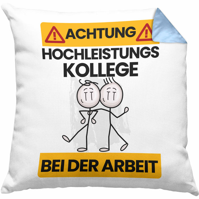 Kollege Kissen mit Füllung 40x40 Geschenk Lustiger Spruch Geschenkidee für Kollege Achtung Hochleistungs Kollege Bei Der Arbeit (Grau) Blau Trendation
