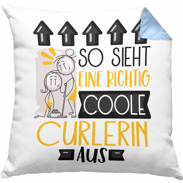 Curlerin Geschenk Kissen mit Füllung 40x40 Geschenkidee für Curlerin Geburtstag Weihnachten Spruch So Sieht Eine Richtig Coole Curlerin Aus (Grau) Blau Trendation