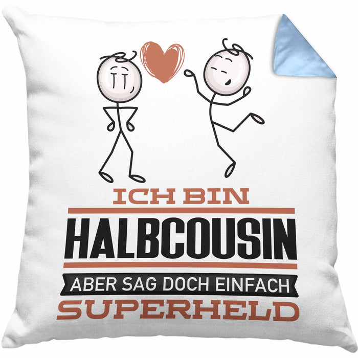 Halbcousin Geschenk Kissen mit Füllung 40x40 Ich Bin Halbcousin Aber Sag Doch Einfach Superheld Lustige Geschenkdiee für Halbcousin (Grau) Blau Trendation