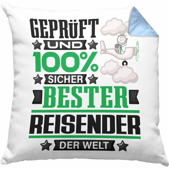 Reisender Geschenk Lustiger Spruch für Reisender Geschenkidee Bester Reisender Der WeltKissen mit Füllung 40x40 (Grau) Blau Trendation