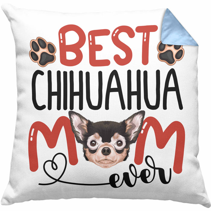 Chihuahua Mom Besitzerin Kissen mit Füllung 40x40 Geschenk Lustiger Spruch Geschenkidee Besitzerin Chihuahua Mama (Grau) Blau Trendation