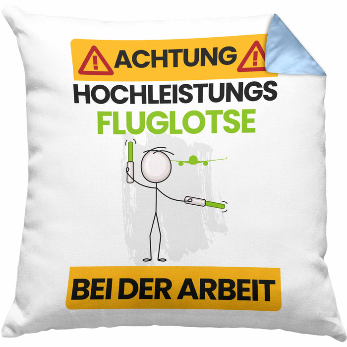 Fluglotse Kissen mit Füllung 40x40 Geschenk Lustiger Spruch Geschenkidee für Fluglotse Achtung Hochleistungs Fluglotse Bei Der Arbeit (Grau) Blau Trendation