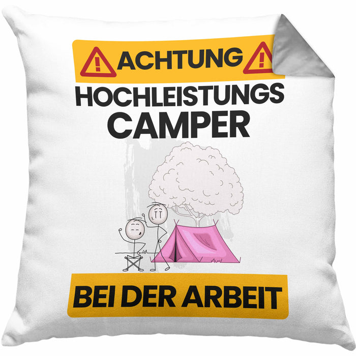 Camper Kissen mit Füllung 40x40 Geschenk Lustiger Spruch Geschenkidee für Camper Achtung Hochleistungs Camper Bei Der Arbeit (Grau) Grau Trendation