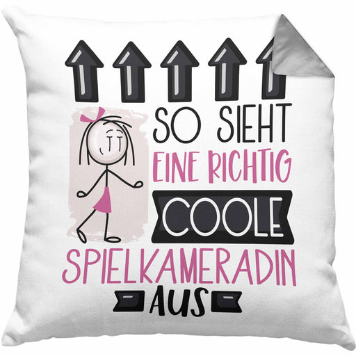 Spielkameradin Geschenk Kissen mit Füllung 40x40 Lustig Geschenkidee für Spielkameradin Geburtstag So Sieht Eine Richtig Coole Spielkameradin Aus Frauen Spruch (Grau) Grau Trendation