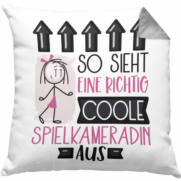 Spielkameradin Geschenk Kissen mit Füllung 40x40 Lustig Geschenkidee für Spielkameradin Geburtstag So Sieht Eine Richtig Coole Spielkameradin Aus Frauen Spruch (Grau) Grau Trendation