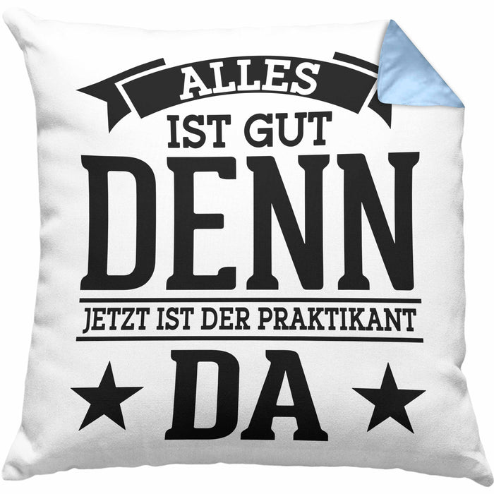 Praktikant Kissen mit Füllung 40x40 Geschenk Lustiger Spruch Alles Gut Denn Jetzt Ist Der Praktikant Da (Grau) Blau Trendation